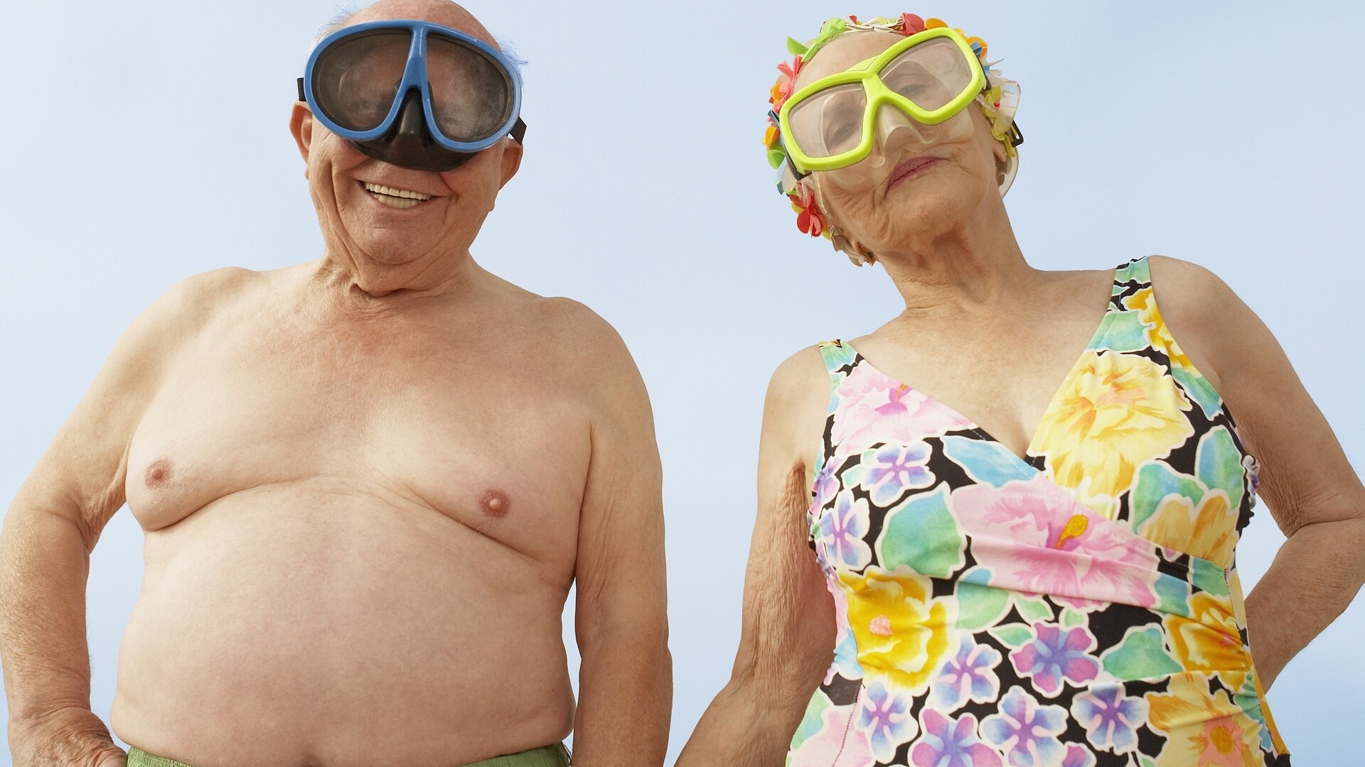 old couple wearing bathing outfit